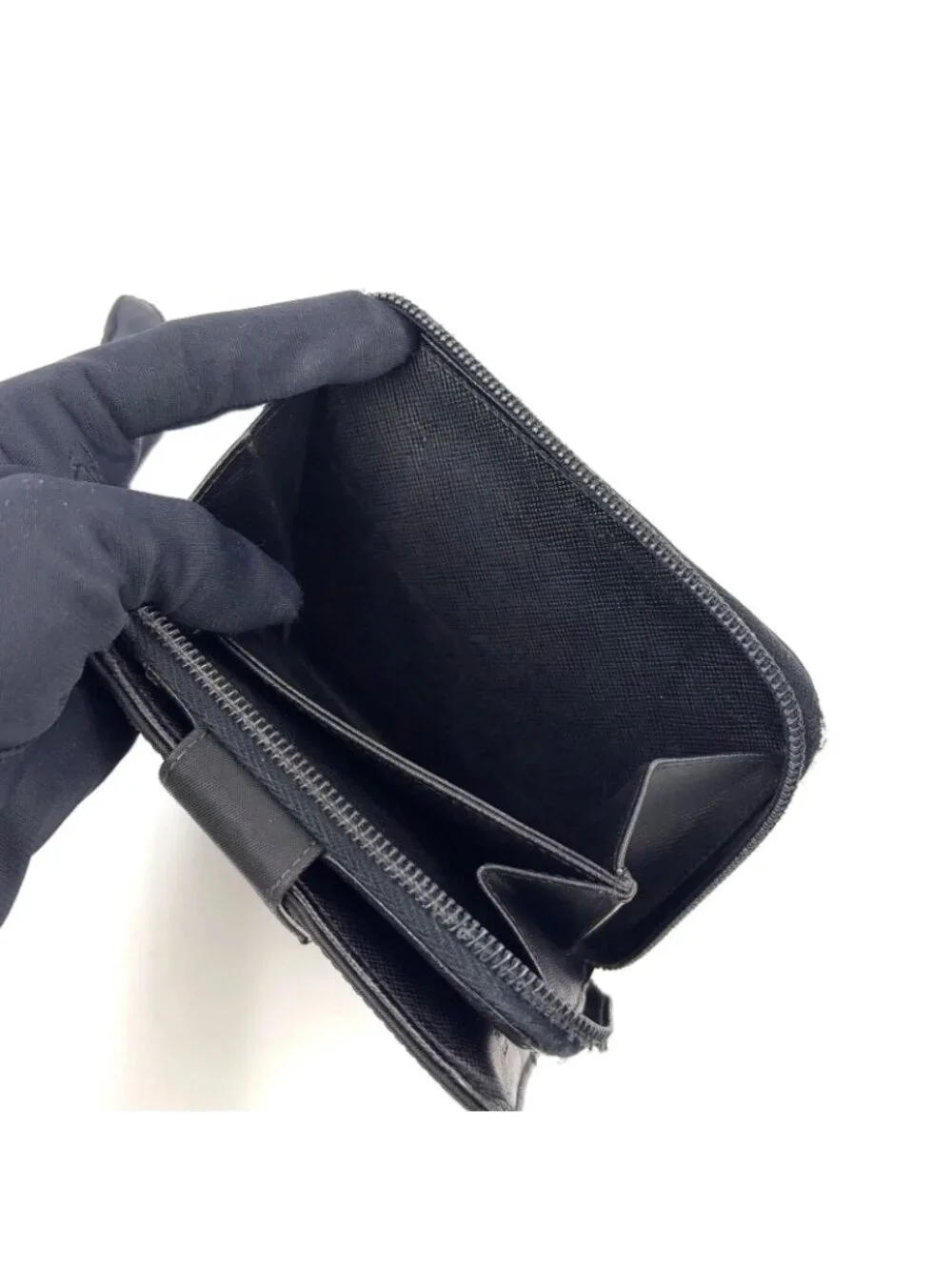 Prada Zip Around Leather Nylon Black Wallet Silver